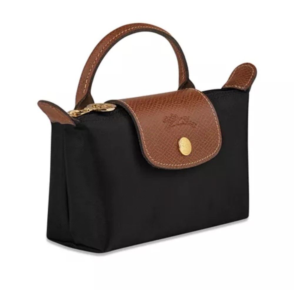 Longchamp Le Pliage Original Handle Pouch mini lblack brown leather nwt color